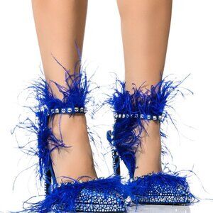 AZALEA WANG " SEEN ON SCENE " BLUE FEATHER AND DIAMOND EMBELLISHED (BRAND NEW !!